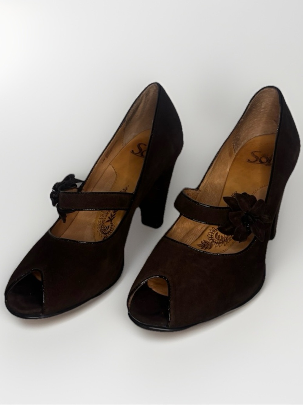 Sofft Vintage-Inspired Women's suede open toe heels- Dark Brown